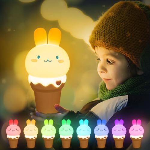 KIPIDA Nachtlicht Kinder, Silikon Hasen Lampe mit Timer USB Aufladbar LED Touch Lampe Dimmbar 7 Lichtwechsel Hasenlampe Cute Baby Stilllicht Kinder Tier Nachttischlampe Deko Geschenke Schlaflichter von KIPIDA