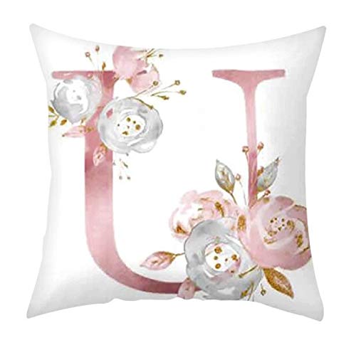 Kissenbezug – Buchstabe u – 45 x 45 cm – Alphabet – Initiale – Name – Sofa – Bett – Zuhause – Schlafzimmer – Rosen – Blumen – Geschenkidee – Weiß von KIRALOVE