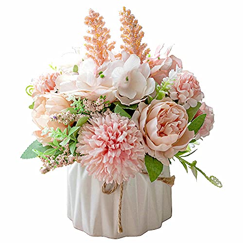 KIRIFLY Künstliche Blumen Gefälschte Pfingstrose Seide Hortensien Blume mit Vase Blume Dekor Arrangements für Hochzeit Dekoration Tischdekoration (Rosa Keramik Vase Set) von KIRIFLY