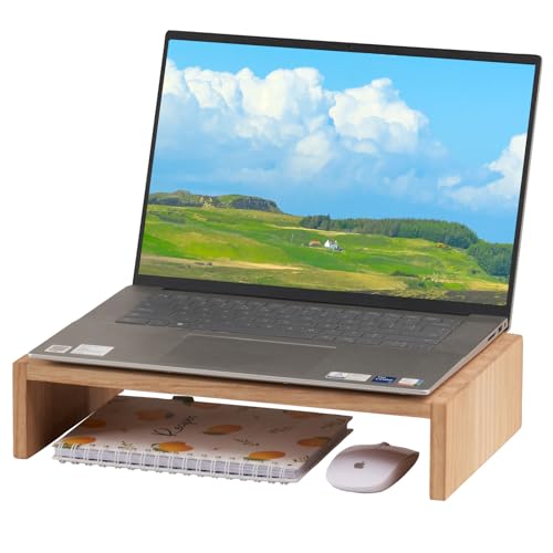KIRIGEN Holz Monitorständer – Desktop Organizer für PC/Laptop/TV/Drucker | Büro-Aufsatz mit Stauraum Länge 39 Zentimeter natürliche Farbe von KIRIGEN
