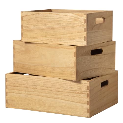 KIRIGEN Nesting Holzkisten mit Griffen Satz von 3 - Bauernhaus Dekor Holzlagerbehälter/Portable Rolling Tray Basket/Kisten dekorative Boxen Natur von KIRIGEN