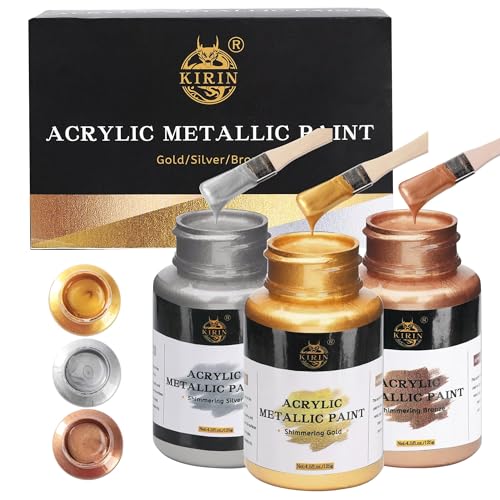 KIRIN Acrylfarben-Set, 375 g, Metallic Gold & Silber & Bronze, Blattgold für Kunst, Malerei, Handwerk, Ideenfarben für Stoff, Möbel, Holz, Ton, Leinwand, Bastelbedarf (3 Stück, 125 g/Flasche) von KIRIN