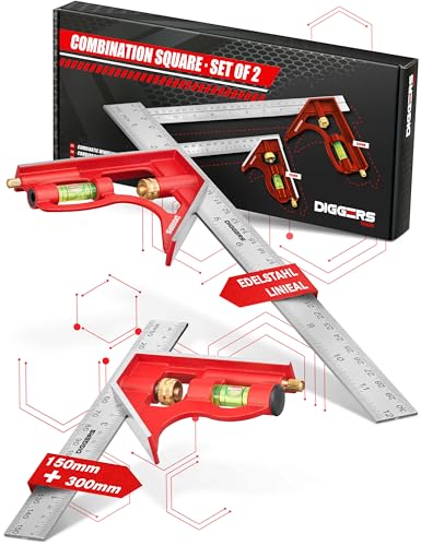 Diggers Tools Kombinationswinkel Set 150mm & 300mm [ Präzise 45/90° Winkel ] metrischer Universal Kombiwinkel mit Anschlag - vielseitiger Anschlagwinkel Metall mit Wasserwaage - Combination Square von KIRNER