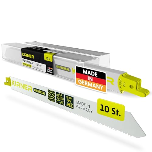 KIRNER Säbelsägeblätter Metall & Holz 225mm [ müheloser Schnitt in Holz & Metall ] 10er Pack Universal Säbelsägeblätter Metall - Reciprosägeblätter mit Universalaufnahme ab 2,5mm Schnitttiefe von KIRNER