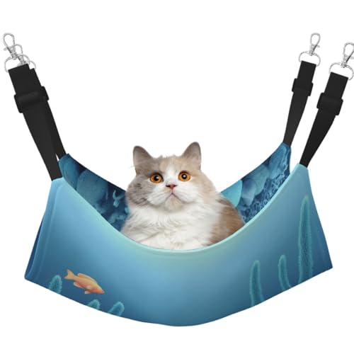 KIRROWE Cartoon Underwater World Reversible Cat Hanging Hammock-Double-Sided Pet Cage Hammock Hanging Bed Resting Sleepy Pad for Small Animals Pets von KIRROWE