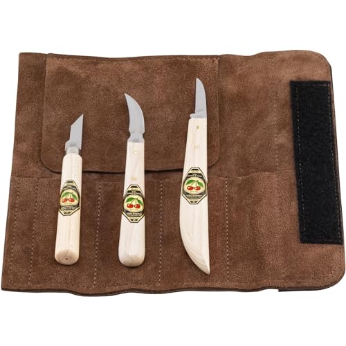 KIRSCHEN Werkzeuge 3307000 Schnitzmessersatz in Veloursleder-Tasche, 3-teilig - Kerbschnitzmesser für Anfänger & Profis von KIRSCHEN