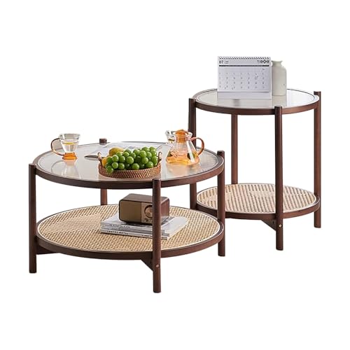 KISDFOND Couchtisch Rund Coffee Table Beistelltisch Rund Couchtisch-2er-Set, Modern und Schlicht, mit Abnehmbarer Glastischplatte, Einfacher Aufbau(Brown) von KISDFOND