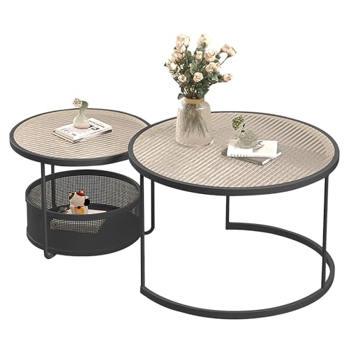 KISDFOND Wohnzimmertisch Rund Couchtisch 2er Set Sofa Tisch Satztisch-Set mit 2 Stück, Stapelbarer Beistelltisch im Modernen Stil mit Metallrahmen, Kein Zusammenbau Erforderlich(Black,Small) von KISDFOND