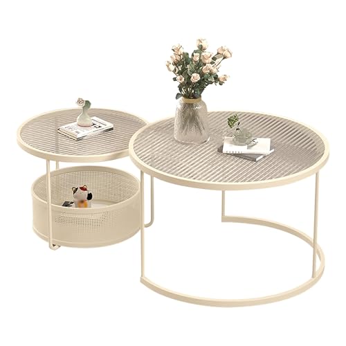 KISDFOND Wohnzimmertisch Rund Couchtisch 2er Set Sofa Tisch Satztisch-Set mit 2 Stück, Stapelbarer Beistelltisch im Modernen Stil mit Metallrahmen, Kein Zusammenbau Erforderlich(White,Small) von KISDFOND