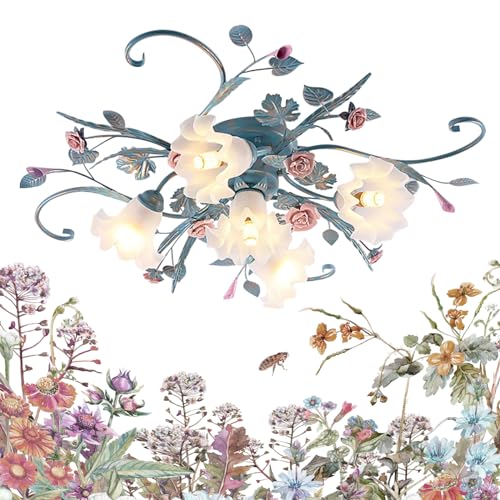 KISFWIU 5-Light deckenleuchte,Blau Esszimmer Deckenleuchte mit Metallisches Glas weißem Lampenschirm und rosa Keramik Rosen Anwendbar auf Wohnzimmer Schlafzimmer küche Blumenleuchten Ceiling lamp von KISFWIU
