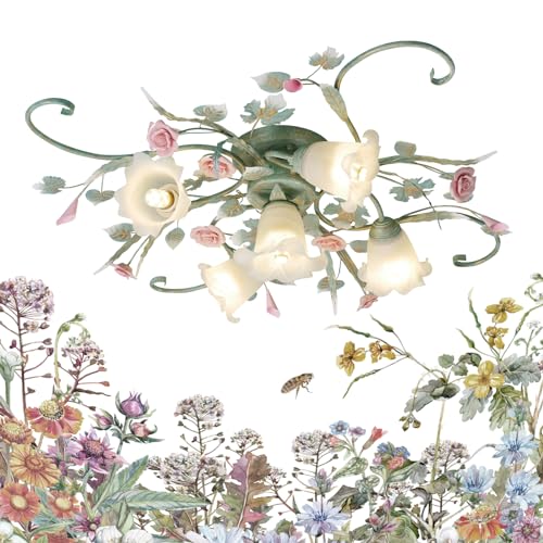 KISFWIU 5-Light deckenleuchte,Grüne Esszimmer Deckenleuchte mit Metallisches Glas weißem Lampenschirm und rosa Keramik Rosen Anwendbar auf Wohnzimmer Schlafzimmer küche Blumenleuchten Ceiling lamp von KISFWIU