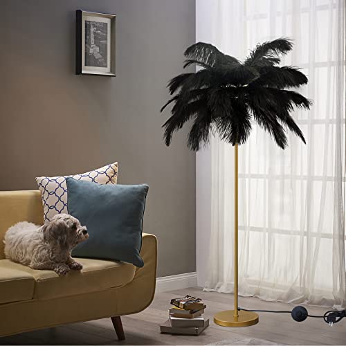 KISFWIU Stehlampe, Federlampe mit 48 natürlichen Straußenfedern 2023 Neue verbesserte Version mit 10 Farben, verlängerte Federn geeignet für Wohnzimmer, Schlafzimmer, Arbeitszimmer, H160cm (Black) von KISFWIU