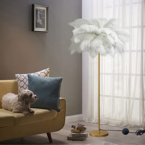 KISFWIU Stehlampe, Federlampe mit 48 natürlichen Straußenfedern 2023 Neue verbesserte Version mit 10 Farben, verlängerte Federn geeignet für Wohnzimmer, Schlafzimmer, Arbeitszimmer, H160cm (White1) von KISFWIU