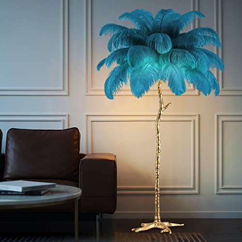 KISFWIU Stehlampe, Straußenfederlampe mit 35 Federn, Goldener Lampenmast aus Harz, große Stehlampe, geeignet für Schlafzimmer und Wohnzimmer, 170 x 110 cm (Blue) von KISFWIU