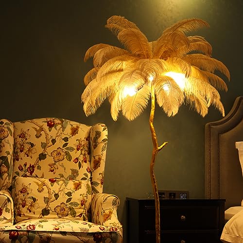 KISFWIU Stehlampe, Straußenfederlampe mit 35 Federn, Goldener Lampenmast aus Harz, große Stehlampe, geeignet für Schlafzimmer und Wohnzimmer, 170 x 110 cm (Camel) von KISFWIU