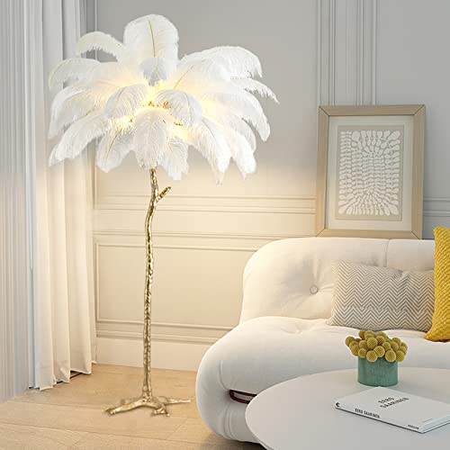 KISFWIU Stehlampe, Straußenfederlampe mit 35 Federn, Goldener Lampenmast aus Harz, große Stehlampe, geeignet für Schlafzimmer und Wohnzimmer, 170 x 110 cm (White) von KISFWIU