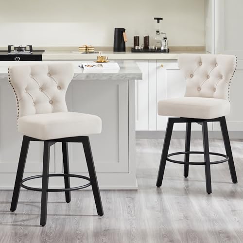 KISLOT Barhocker, drehbar, gepolstert, mit Rückenlehne und Holzbeinen, für Kücheninsel, Höhe der Theke, 66 cm, Stoff, Beige, 2 Stück von KISLOT