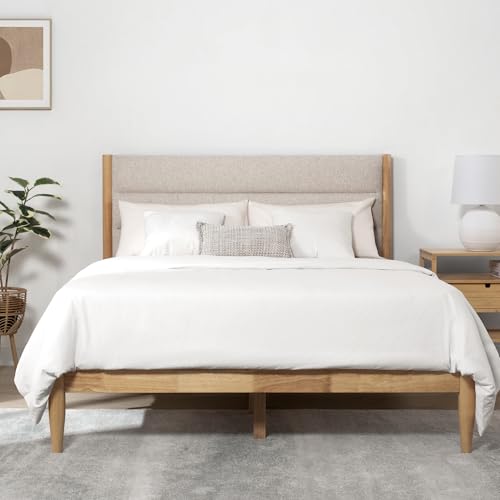 KISLOT Bettgestell aus Holz mit Kopfteil, gepolsterte Plattform, Matratzenfundament, starke Holzlattenstütze, kein Boxspringbett erforderlich von KISLOT