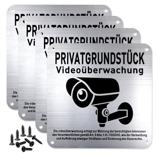 Schild Videoüberwachung, 4 Stück Aluminium UV-Schutz Achtung Aufkleber Videoüberwachung 12x12cm Schild Videoüberwachung Privatgrundstück, Außen Videoüberwachung Schild mit 4 Bohrlöcher 16 Schrauben von KISSPAT