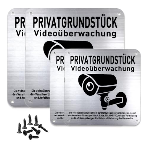 Videoüberwachung Schild Privatgrundstück, 4 Stück Aluminium UV-Schutz Achtung Aufkleber Videoüberwachung 12x12cm, 15x15cm Videoüberwachung Schild, Außen Videoüberwachung Schild mit 16 Schrauben von KISSPAT