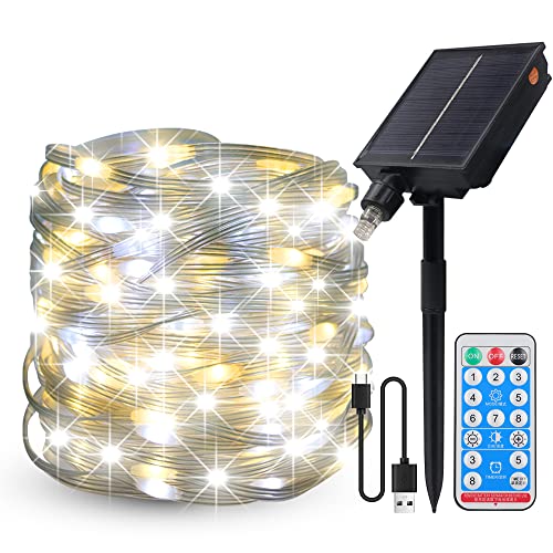 Fairy Lights Solar 20m, 200LED Waterproof Fairy Lights with 17 keys Remote Control and USB,Warm white and white Copper Wire LED Fairy Lights for Indoor Outdoor Use,Party,Christmas, Wedding Decoration von KISUFU