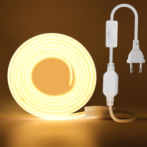 KISUFU 220V COB LED Strip mit Schaltstecker 0.5M,288 LEDs/m Flexible Hohe Dichte CRI≥85 FCOB LED Streifen,Led Band IP65 Wasserdichte Superhell LED Lichtband für Schlafzimmer, Schrankbeleuchtung von KISUFU