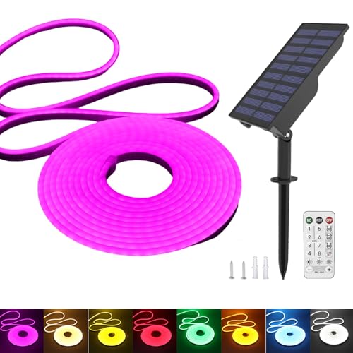 KISUFU 24V Solar Neon LED Streifen, 2835 120 LEDs/m IP65 Wasserdicht Solar Flexible Neon DIY Strip Lichtband mit 6W USB-Lade-Plug-in-Solarregler für Garten im Freien, Party, Hochzeitsdekoration. von KISUFU