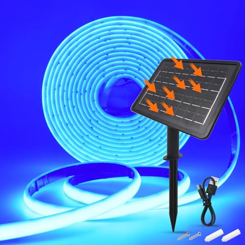 KISUFU Solar LED Streifen, 24V COB 320 LEDs/m IP68 Wasserdicht Solar Neon LED Band Strip mit 1200mah USB 8-Modus Solarzellen-Box-Controller für Garten, Veranda, Balkon, Pavillon. von KISUFU