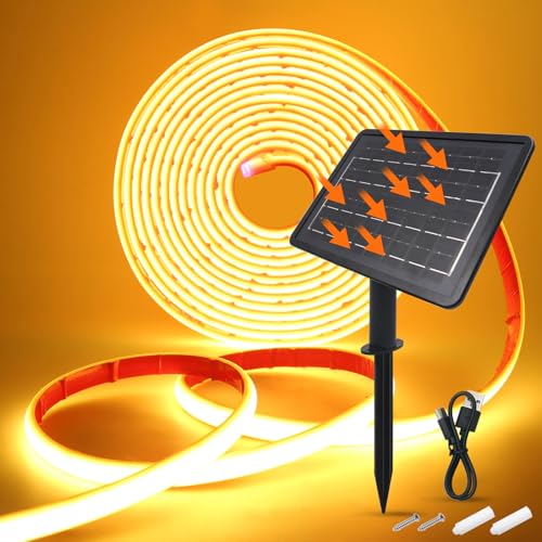 KISUFU Solar LED Streifen, 24V COB 320 LEDs/m IP68 Wasserdicht Solar Neon LED Band Strip mit 7200mah USB 8-Modus Solarzellen-Box-Controller für Garten, Veranda, Balkon, Pavillon. von KISUFU