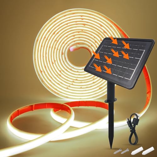 KISUFU Solar LED Streifen, 24V COB 320 LEDs/m IP68 Wasserdicht Solar Neon LED Band Strip mit 7200mah USB 8-Modus Solarzellen-Box-Controller für Garten, Veranda, Balkon, Pavillon. von KISUFU