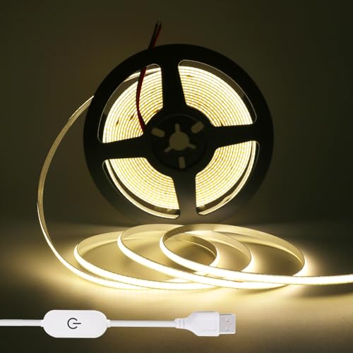 KISUFU USB 5 V COB LED Strip, 320 LED/M Warm White LED TV Backlight LED COB Strip LED Strip Led Strip Continuous, High Density Light Dimmable 3000 K LED Streifen (5m, Naturweiß) von KISUFU