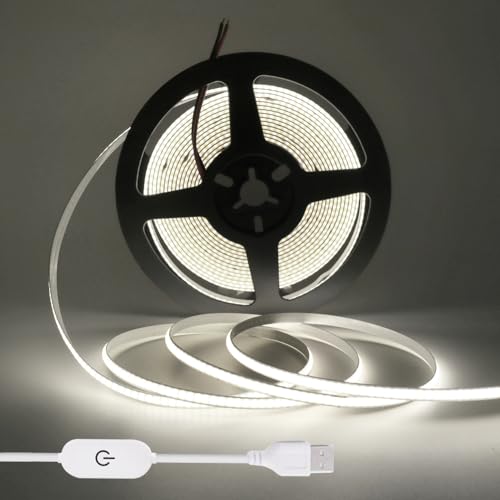 KISUFU USB 5 V COB LED Strip, 320 LED/M Warm White LED TV Backlight LED COB Strip LED Strip Led Strip Continuous, High Density Light Dimmable 3000 K LED Streifen (5m, Weiß) von KISUFU