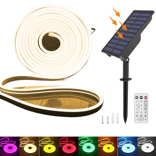KISUFU 24V Solar Neon LED Streifen, 2835 120 LEDs/m IP65 Wasserdicht Solar Flexible Neon DIY Strip Lichtband mit 1.5W USB-Lade-Plug-in-Solarregler für Garten im Freien, Party, Hochzeitsdekoration. von KISUFU