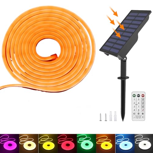 KISUFU 24V Solar Neon LED Streifen, 2835 120 LEDs/m IP65 Wasserdicht Solar Flexible Neon DIY Strip Lichtband mit 1.5W USB-Lade-Plug-in-Solarregler für Garten im Freien, Party, Hochzeitsdekoration. von KISUFU