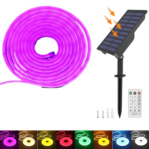 KISUFU 24V Solar Neon LED Streifen, 2835 120 LEDs/m IP65 Wasserdicht Solar Flexible Neon DIY Strip Lichtband mit 1.5W USB-Lade-Plug-in-Solarregler für Garten im Freien, Party, Hochzeitsdekoration. von KISUFU