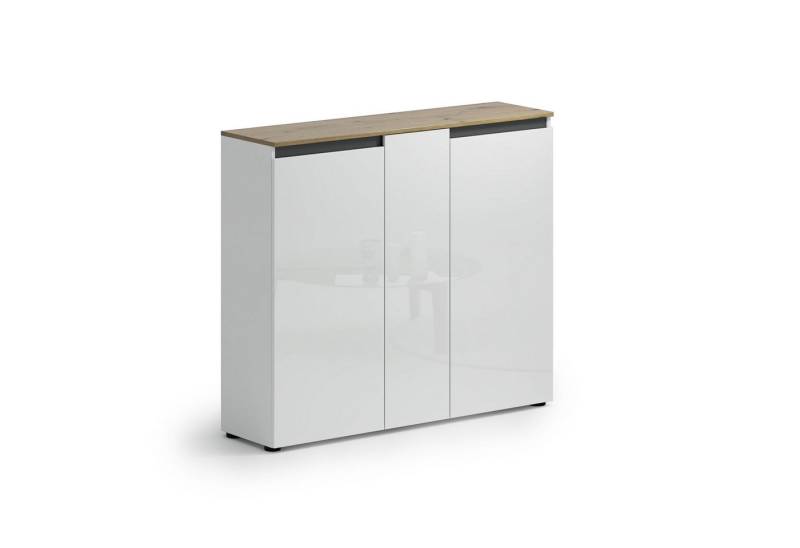 KITALY Schuhkommode 10 Böden, weiss hochglanz / Eiche Dekor - 129,7x113,2x35,1 (BxHxT) von KITALY