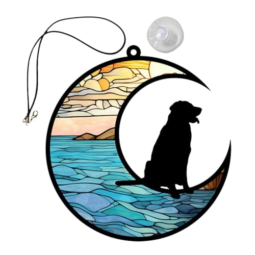 KITANDOVE Hund auf Mond Ornament Buntglas Fensteranhänger Niedliches Hunde Mond für Fenster und Ideales für Hundeliebhaber zur Erinnerung an Haustiere Liebevolle Dekoration für Zuhause von KITANDOVE