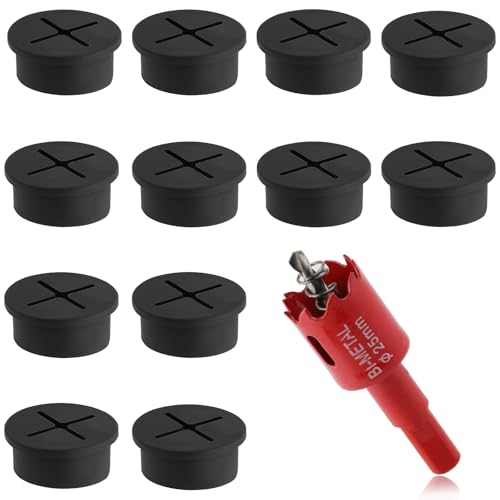 13 Stück 25 mm Schreibtischlochabdeckung, Schreibtischlochabdeckung für Kabel mit Lochsäge, Kunststoff-Lochabdeckung für Schreibtisch, Tisch, Schrank, Theke und andere Möbel (Schwarz) von KITANIS