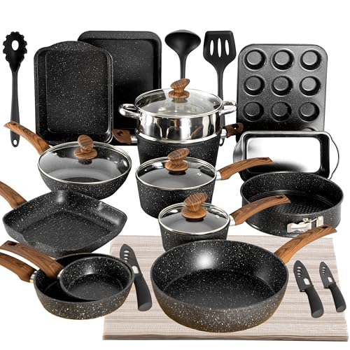 Kitchen Academy Topfset Induktions-Kochgeschirr-Set mit Glasdeckeln und Granitbeschichtung inkl. Pfannen und Töpfe (black) von KITCHEN ACADEMY BETTER LIVING THROUGH COOKING PERFECTION