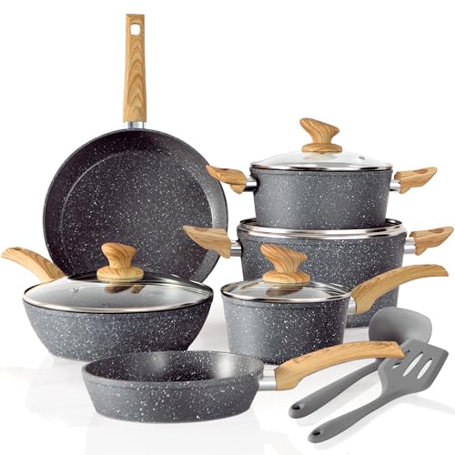 Kitchen Academy Topfsets Pfannenset 12-Teilig,Pfanne 20cm,28cm,Tiefe Bratpfanne 24cm,Stielkasserolle 1.4L,Topf 2.8L,4.8L,Antihaft-Kochgeschirr-Set,Induktionspfanne, PFOS, PFOA-frei von Kitchen Academy