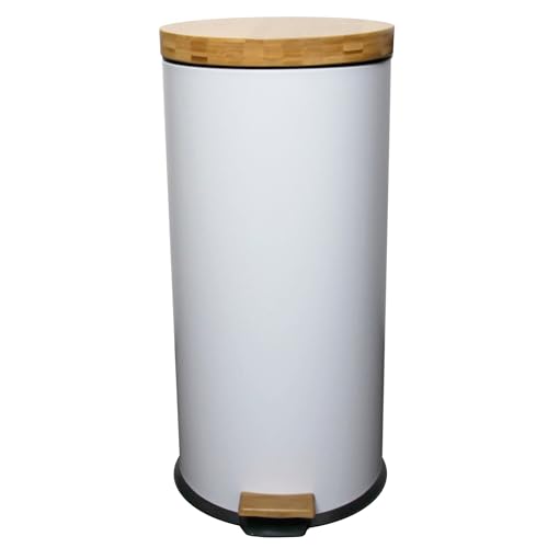 KITCHEN MOVE FOREST Küchen-Tretabfalleimer, aus Holz, natur, aus Edelstahl mit Bambusdeckel, mit Eimer, 30 l, Weiß von KITCHEN MOVE