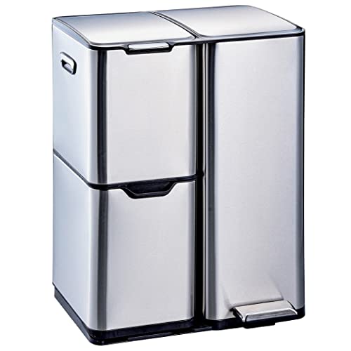 Kitchen Move HAJA Küchen-Tretabfalleimer, Mülltrennung, Recycling, aus Edelstahl, mit Eimer, 60 l (13 + 17 + 30 l) von KITCHEN MOVE