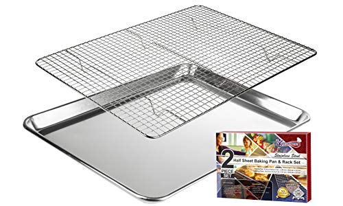 KITCHENATICS Robuste Halbblech-Backform mit Gestell-Set, Backblech für Ofen, Aluminiumblech mit Rand, Draht-Kühlgitter zum Kochen und Braten, halbe Blechpfanne mit Backrost – 33,3 x 45,5 cm von KITCHENATICS