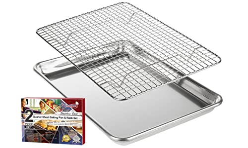 KITCHENATICS Kleine Viertelblech-Backform mit Gestell, Edelstahl-Backblech und Aluminium-Backform, Toast-Ofenblech mit Abkühlgitter, 1/4-Blech-Pfanne und Gitterrost-Set – 24,4 x 33 cm von KITCHENATICS