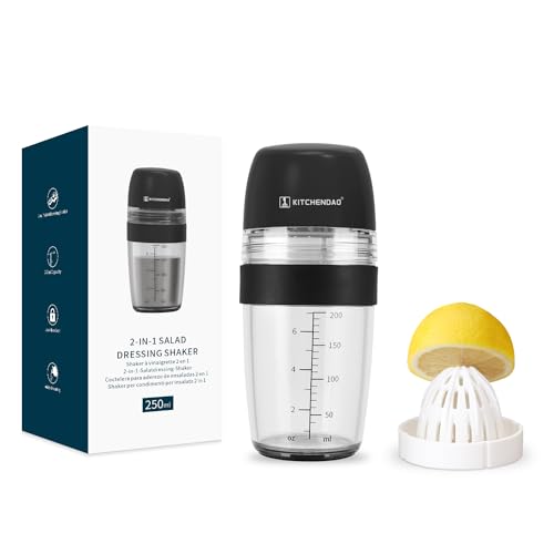 KITCHENDAO 2-in-1 Salatdressing-Shaker mit Saftpresse, Ausgießer, Auslaufsicher, weicher Griff,Spülmaschinenfest, BPA-frei, Dressingbehälter Salatdressing Shaker 250ml-Schwarz von KITCHENDAO