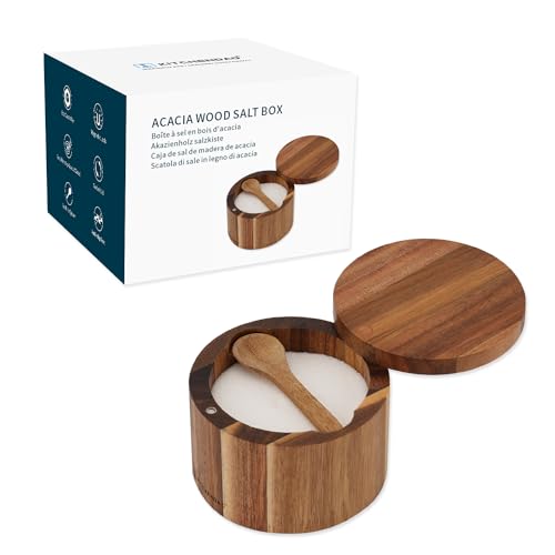 KITCHENDAO Acacia Holz Salzdose mit Integriertem Löffel, Salzbehälter mit magnetischem Deckel, Schwenkdeckel Für Küche, Aufbewahrung von Salz Meersalz Gewürzen Pfeffer Kraut, 6oz von KITCHENDAO