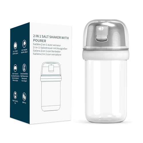 KTCHENDAO 2 in 1 Glas-Salzstreuer mit Seitlichem Ausgießer, Salzstreuer mit Deckel, Eingebauter Deckel zur Verlangsamung der Feuchtigkeit mit Messmarkierungen, BPA-frei, 4oz (weiß) von KITCHENDAO