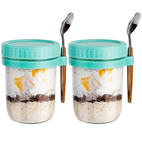 KITCHOP Haferflocken-Behälter mit Deckel und Löffel, Einmachgläser, 473 ml, Haferflocken-Behälter für Chia, Pudding, Joghurt, Salat, Müsli, Mahlzeiten, Vorbereitungsgläser (Blau, 2 Stück) von KITCHOP