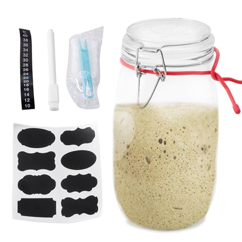 KITCHTIC Sauerteig glasmit - Sourdough Starter Kit - Fermentationsglas - Geeignet für Anfänger - Inklusive Kabelbinder, Thermometer & Etiketten zum Fermentieren Ihres eigenen Sauerteigs von KITCHTIC