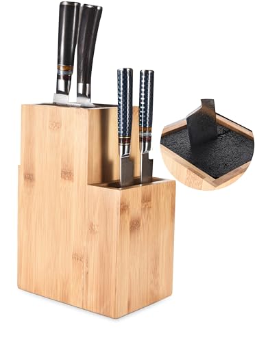 Kitchtic Bamboo 2 Etagen Leer Messerblock Natürliches Braun - Universeller Messerständer ohne Messer - Wooden Knife Holder & Organizer for Kitchen Knives - Schlitzloses Holzdesign mit Borsten von KITCHTIC